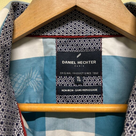 Daniel Hechter Paris Non Iron Turquoise White Bold Check Pineapple Shirt Size XL - Picture 6 of 7